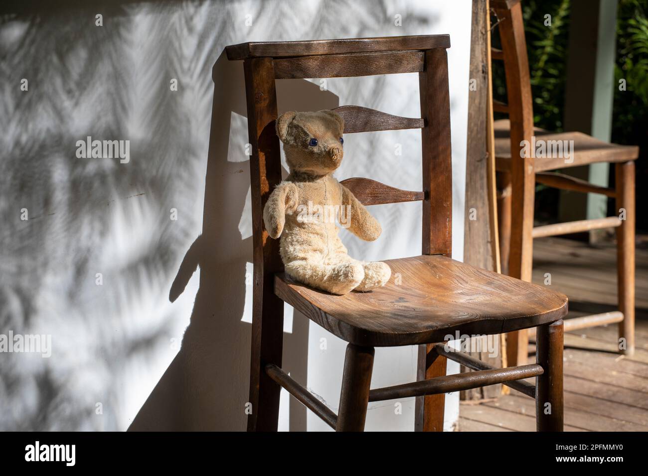 Old worn Teddy bear on a wooden chair on a porch outside with shadows Stock Photo Alamy
