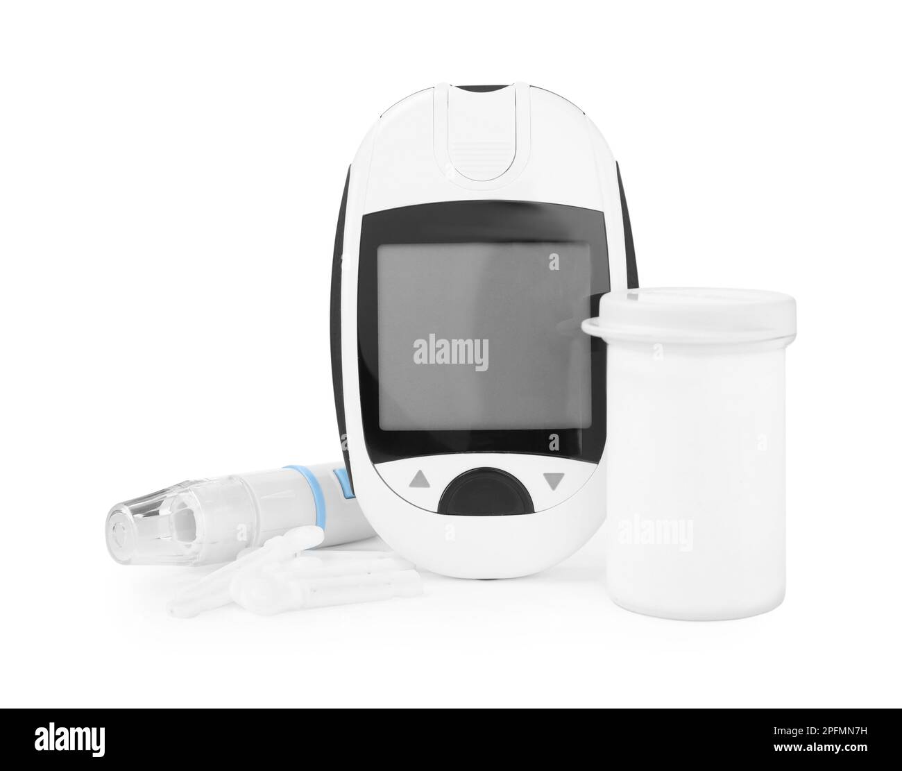 Digital glucometer, container, lancets and pen on white background