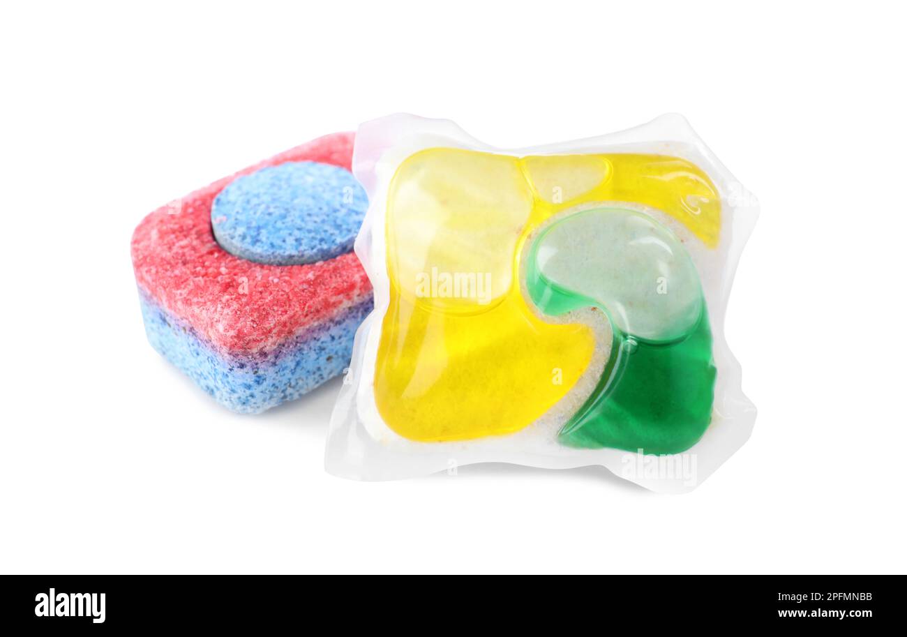 Dishwasher detergent pod and tablet on white background Stock Photo Alamy