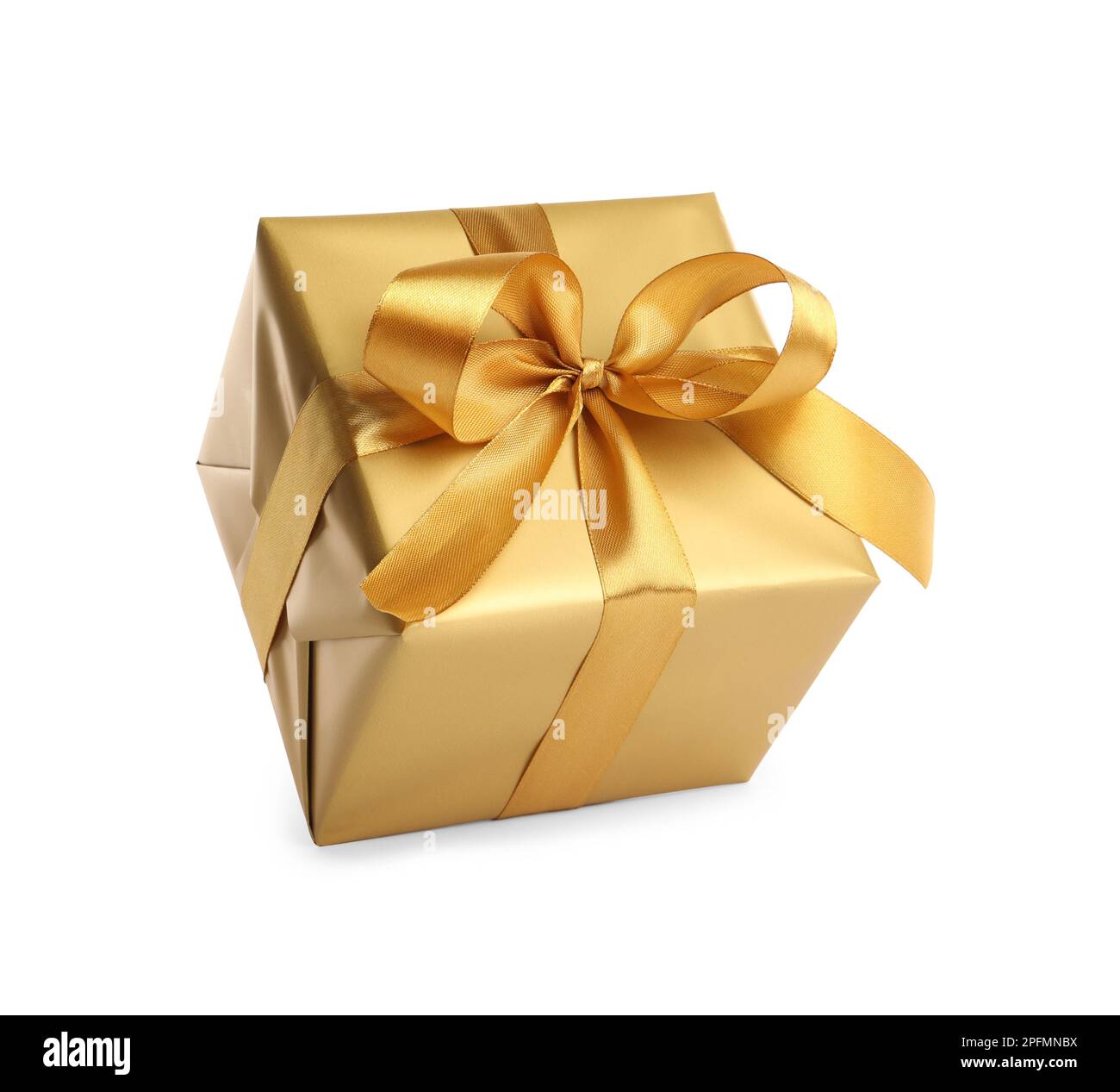 Gift box with golden ribbon and bow on white background Stock Photo - Alamy