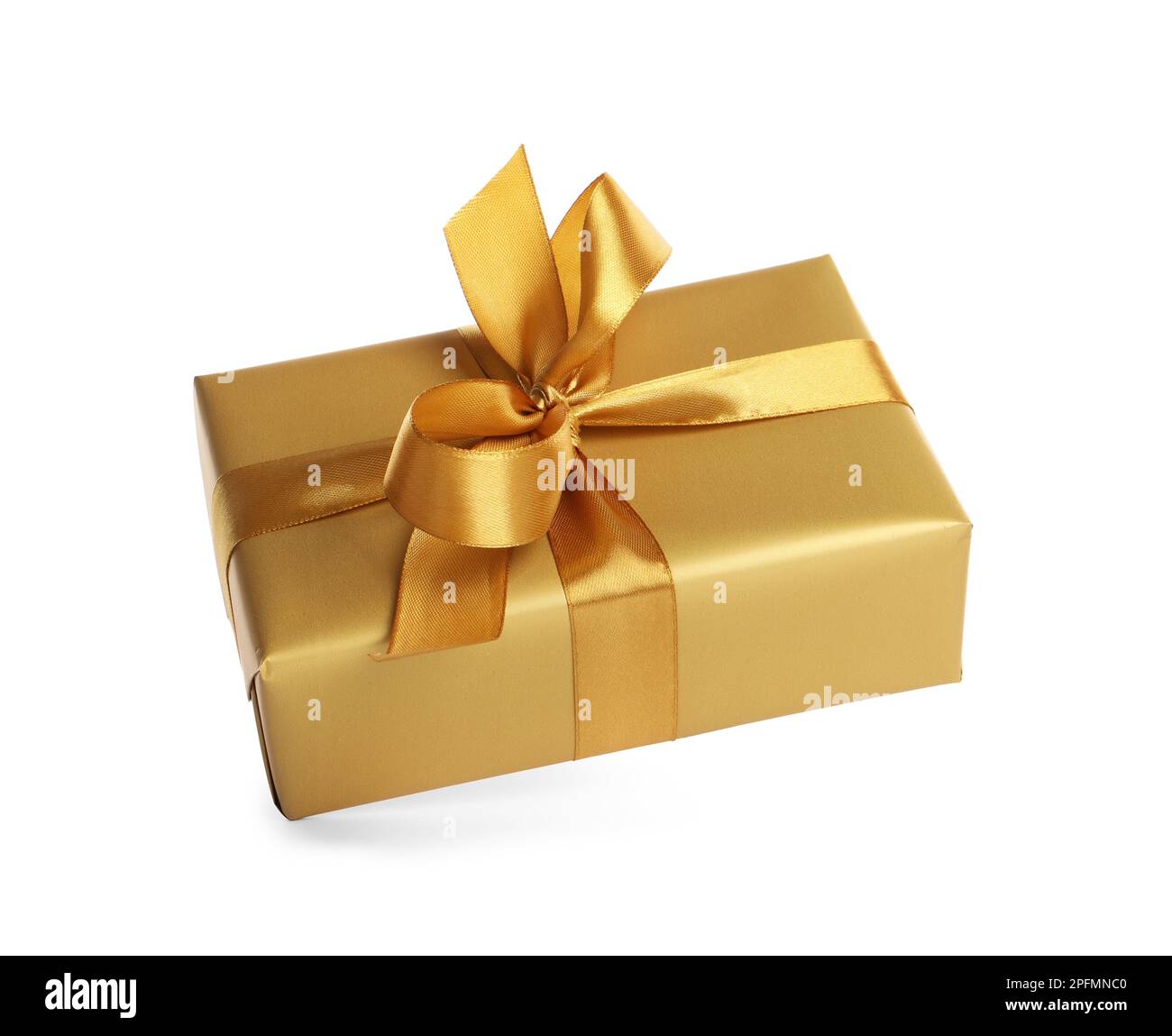 Gift box with golden ribbon and bow on white background Stock Photo - Alamy