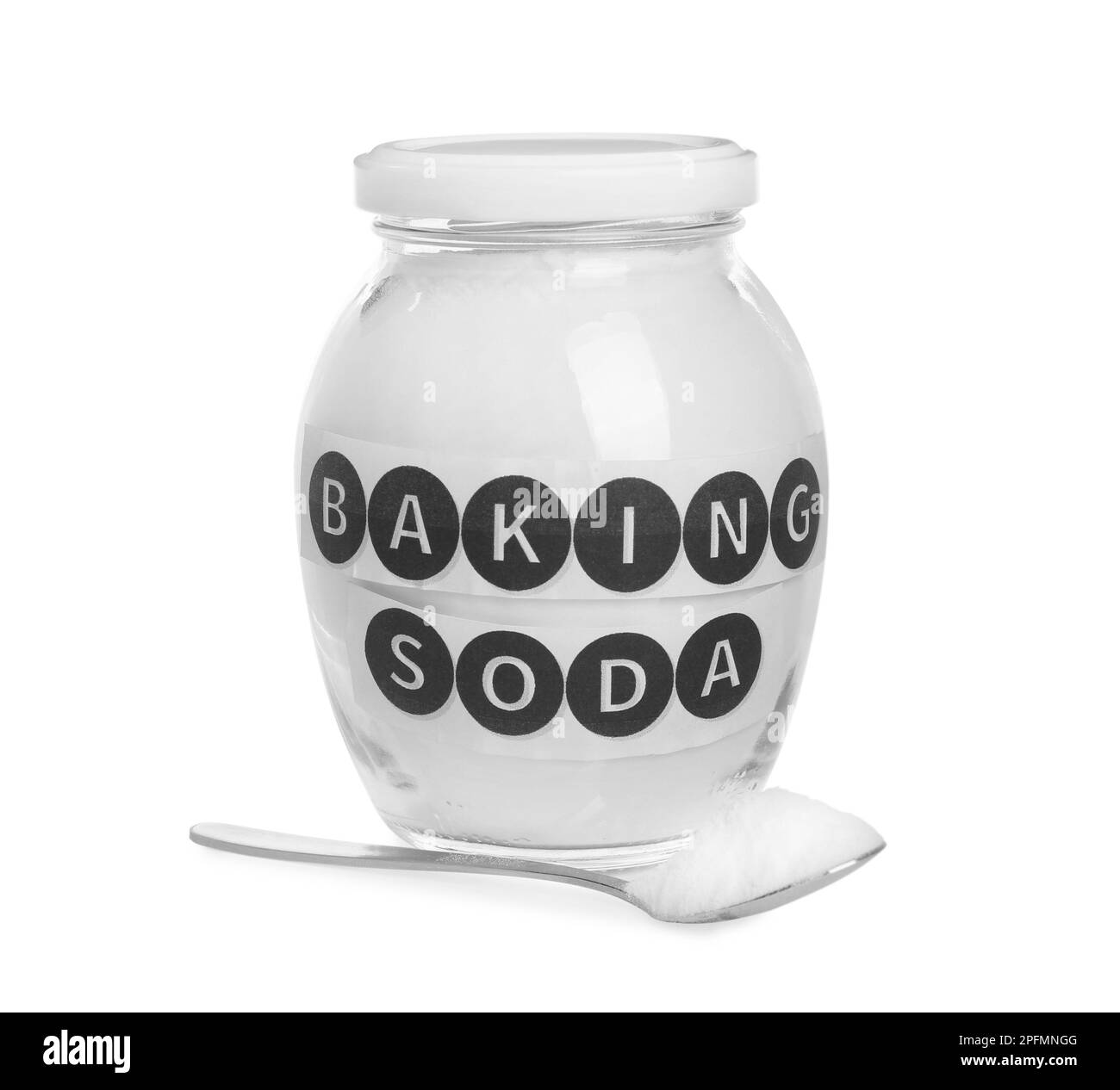 Spoon and jar with baking soda on white background Stock Photo Alamy