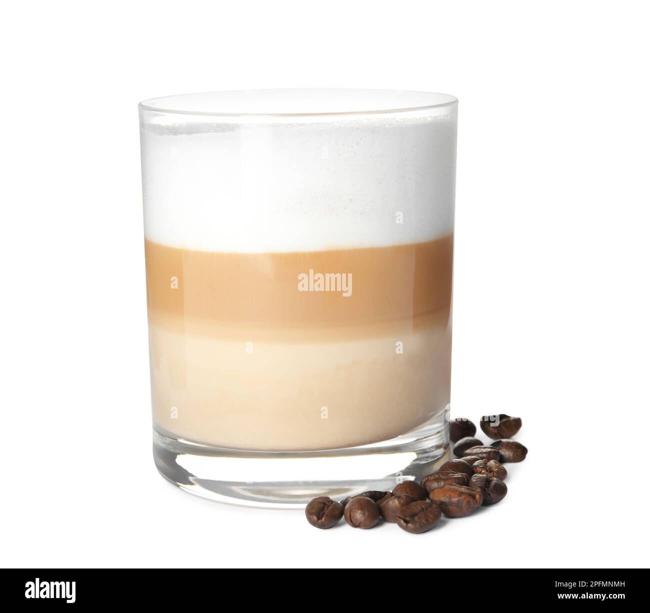delicious-latte-macchiato-and-coffee-beans-on-white-background-stock