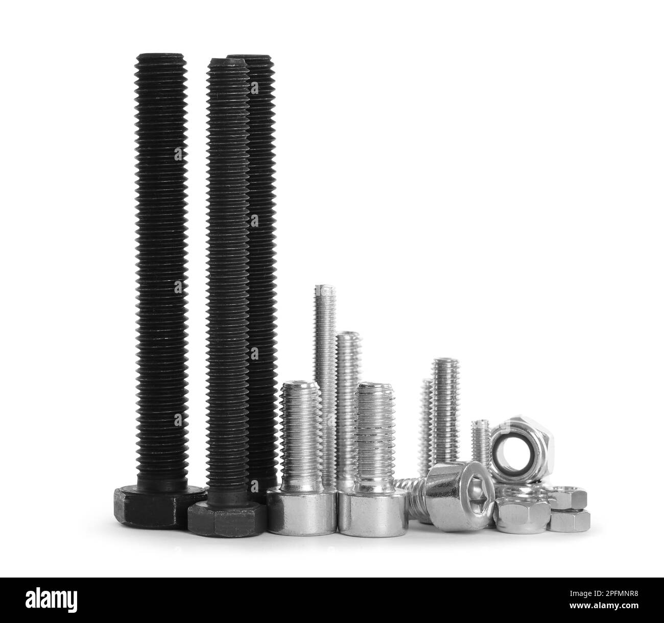 Different metal bolts and nuts on white background Stock Photo Alamy