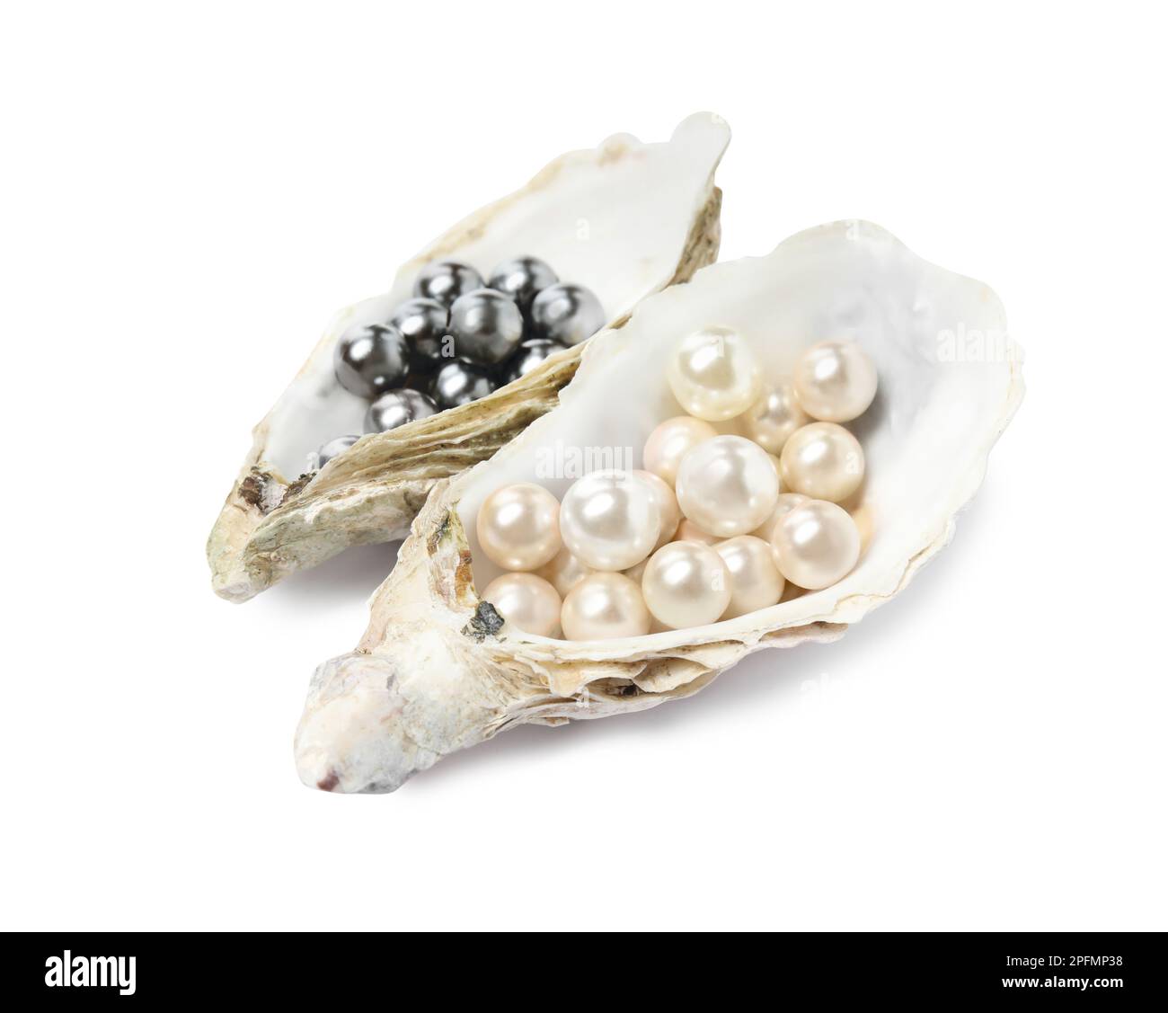 Oyster shells with different pearls on white background Stock Photo - Alamy
