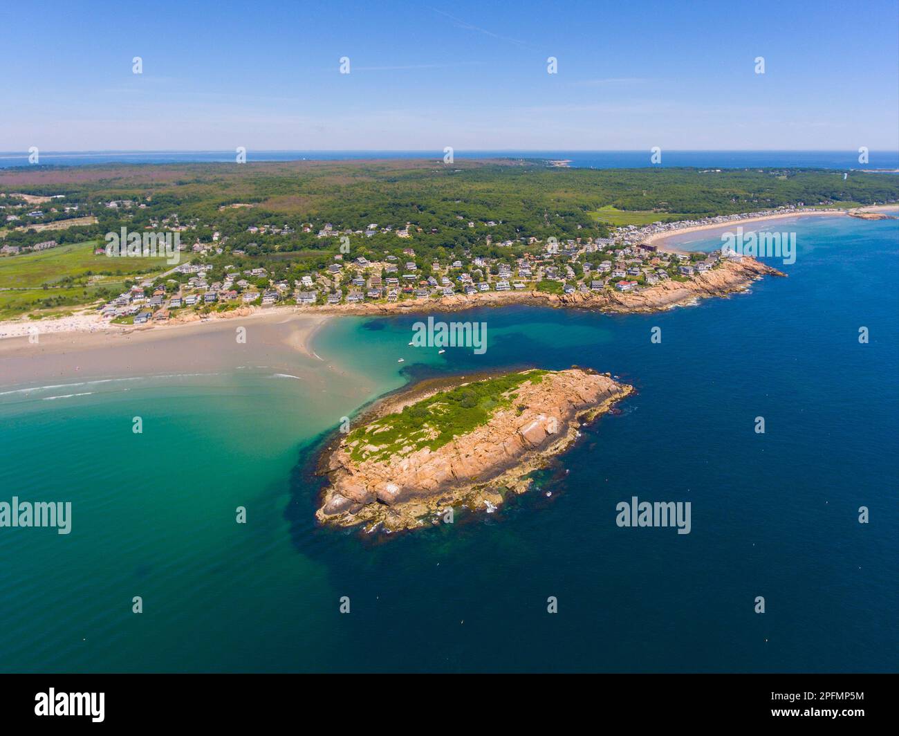 Good Harbor Beach and Salt Island aerial view in summer in Gloucester, Cape Ann, Massachusetts MA, USA. Stock Photo