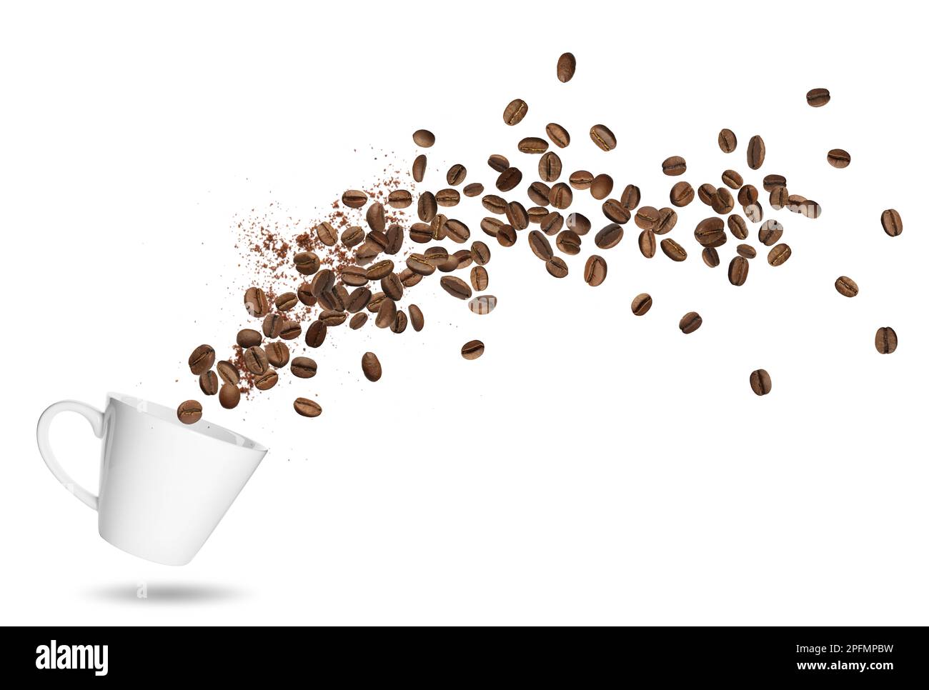 Cup and aromatic roasted coffee beans flying on white background Stock ...