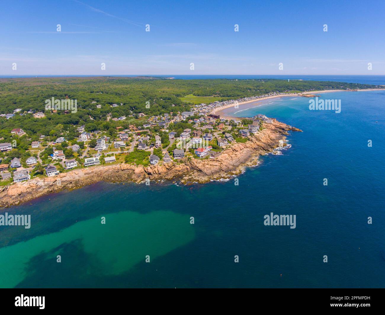 Good Harbor Beach and Long Beach aerial view in summer in Gloucester, Cape Ann, Massachusetts MA, USA. Stock Photo