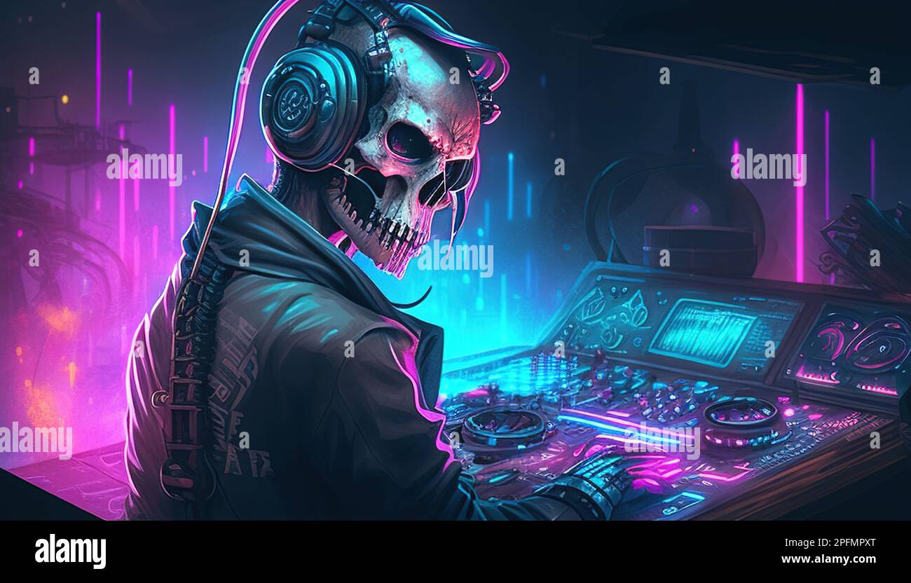 cyberpunk skull DJ digital art illustration, Generative AI Stock Photo