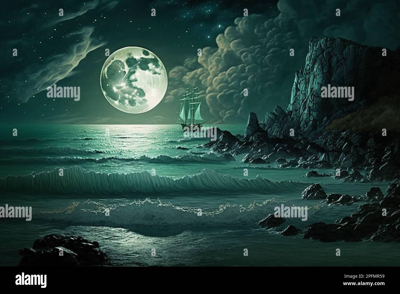 Beautiful sea landscape with full moon background. Dark beach natural