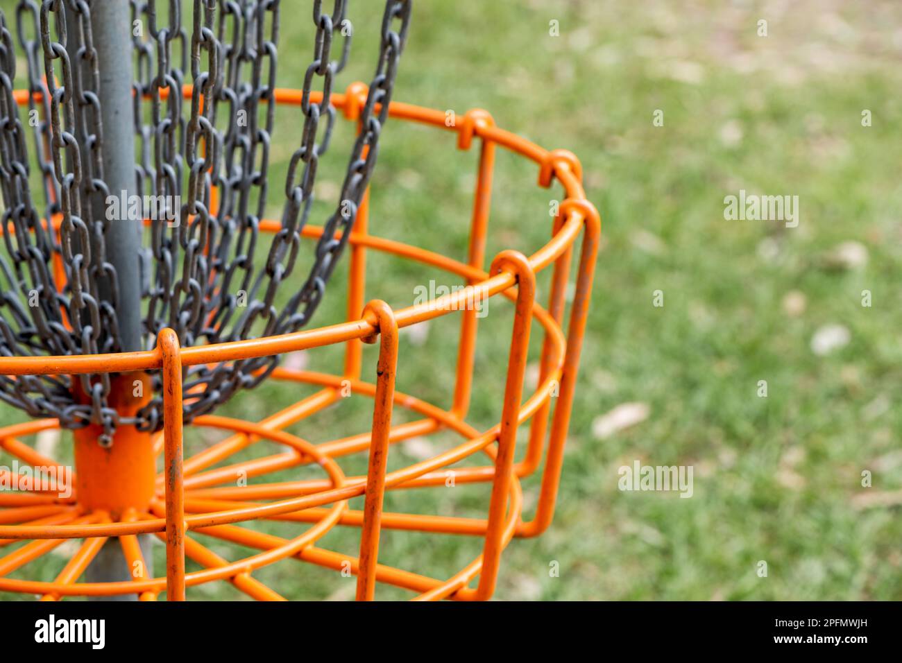 Closeup of metal disc golf basket with a shallow depth of field Stock Photo