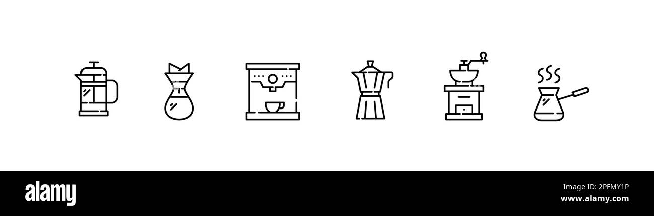 Coffee making techniques and equipment. French press, espresso machine, moka pot, coffee grinder and cezve. Pixel perfect, editable stroke design Stock Vector