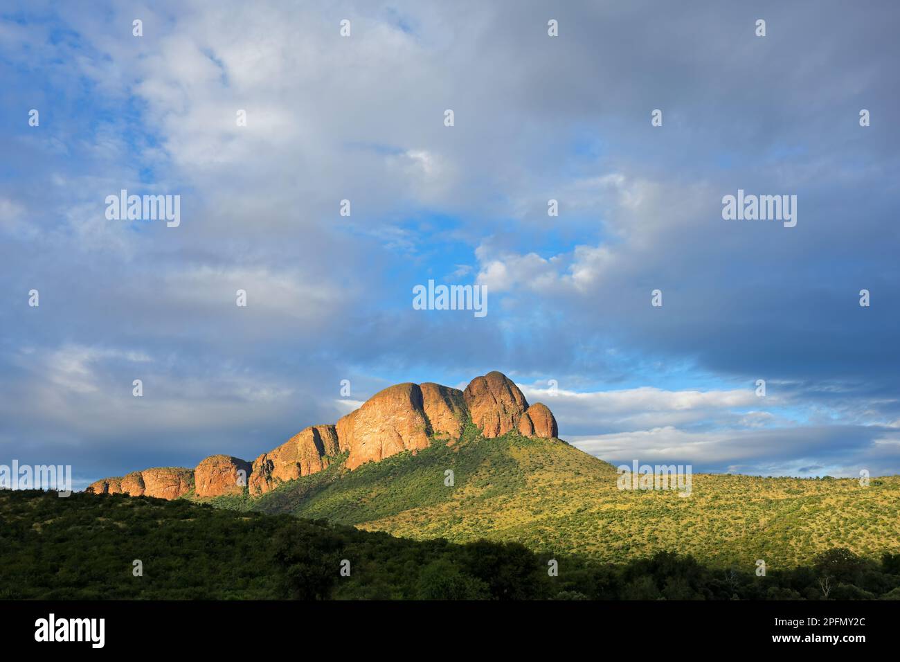 Scenic mountain landscape with cloudy sky, Marakele National Park, South Africa Stock Photo
