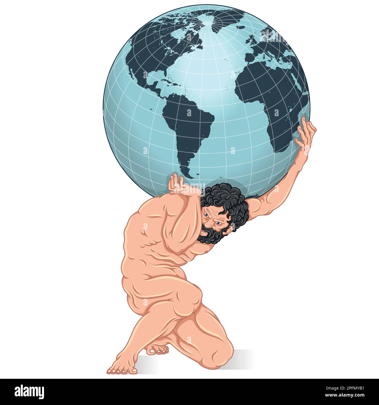 Vector design of the titan Atlas holding the planet earth on his shoulders, titan from Greek mythology holding the earth sphere. Stock Vector