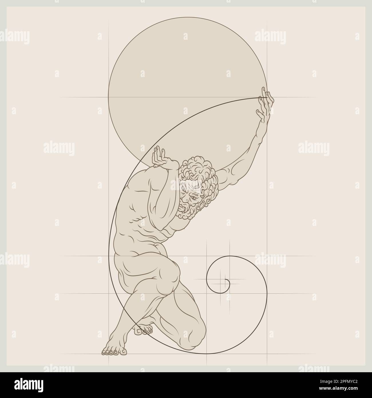 Vector design of titan Atlas holding a sphere, sketch drawing of atlas with gold spiral Stock Vector
