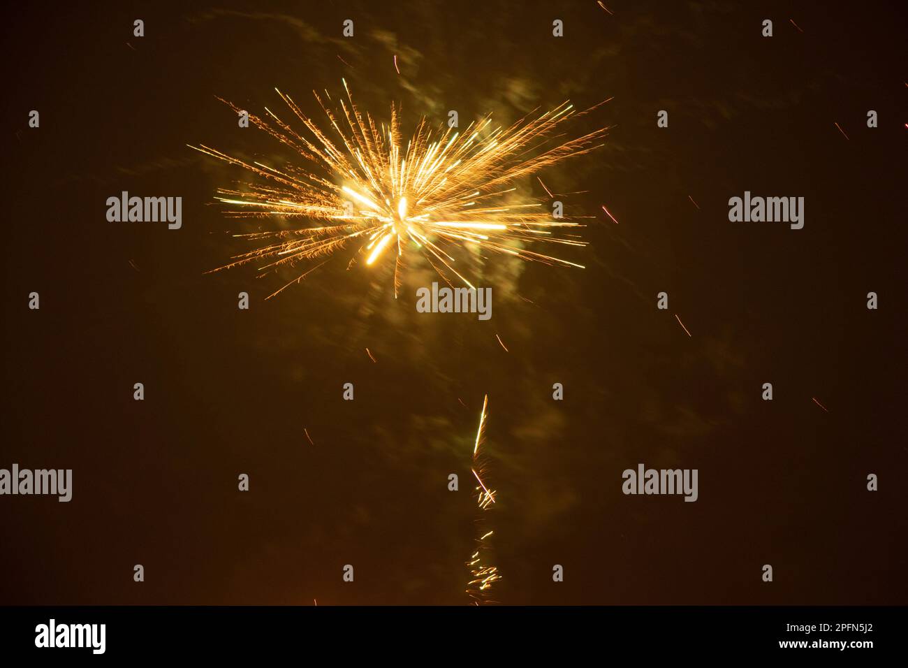 Fireworks in the night sky in Ukraine, the city of Dnipro, Happy New Year 2022 Stock Photo