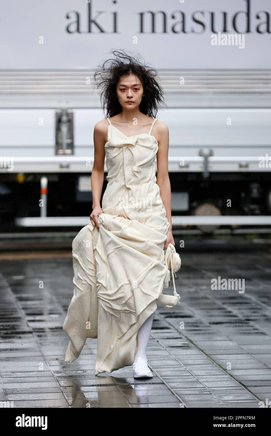 Tokyo Japan. 18th Mar 2023. A model wearing fashion brand aki masuda walks down the runway during the Rakuten Fashion Week TOKYO 2023 Autumn Winter Collection at Shibuya Stream. The fashion week runs