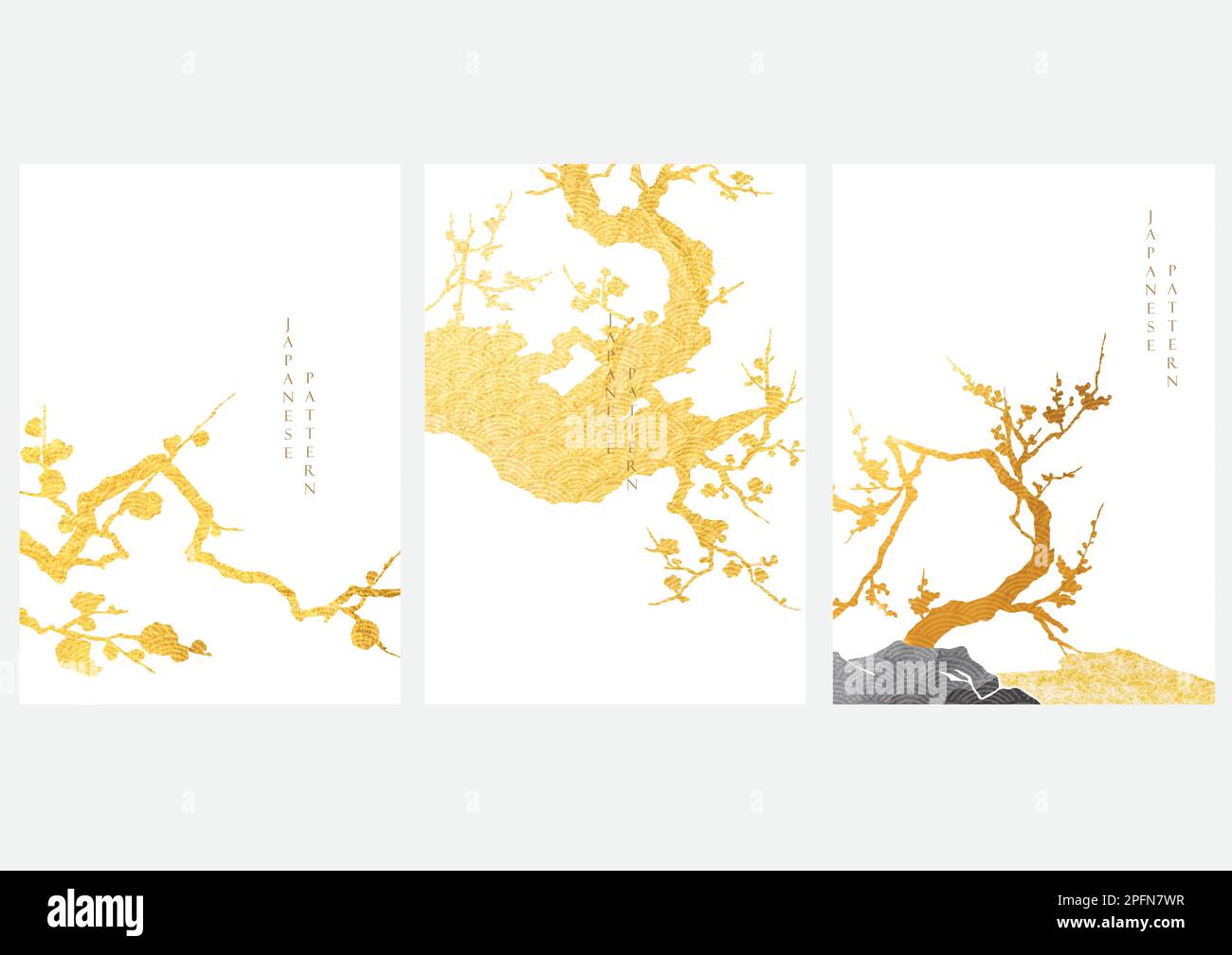 Chinese and Japanese oriental painting with golden texture. Golden