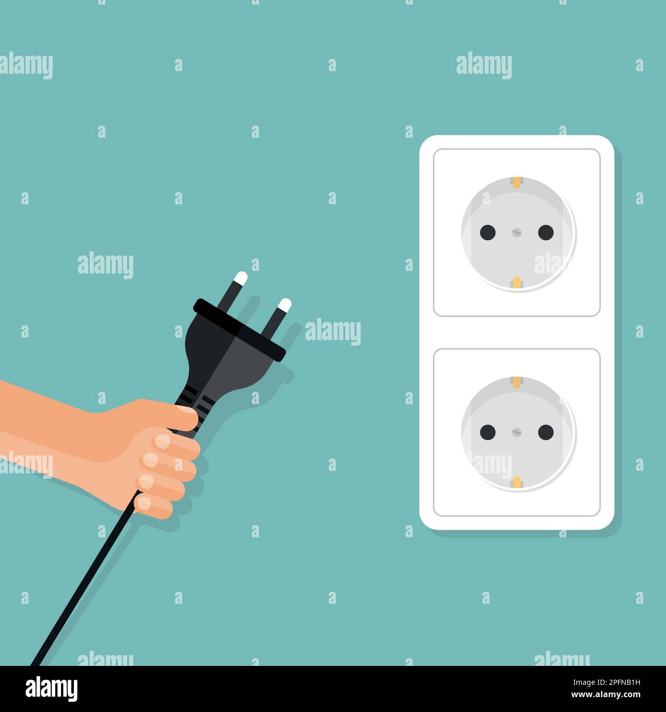 Electric socket with man hand icon in flat style. Connection symbol