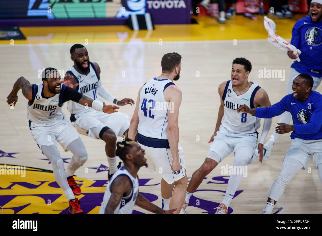 Los Angeles, United States. 17th Mar, 2023. Dallas Mavericks forward Maxi  Kleber celebrates after making a winning 3-pointer against the Los Angeles  Lakers during an NBA basketball game at Crypto.com Arena in