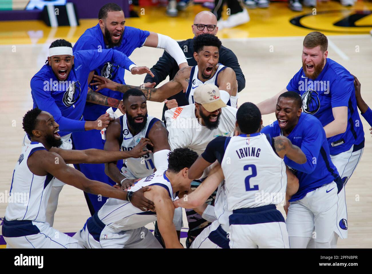 Los Angeles, United States. 17th Mar, 2023. Dallas Mavericks players celebrate after forward Maxi Kleber making a winning 3-pointer against the Los Angeles Lakers during an NBA basketball game at Crypto.com Arena in Los Angeles. (Photo by Ringo Chiu/SOPA Images/Sipa USA) Credit: Sipa US/Alamy Live News Stock Photo