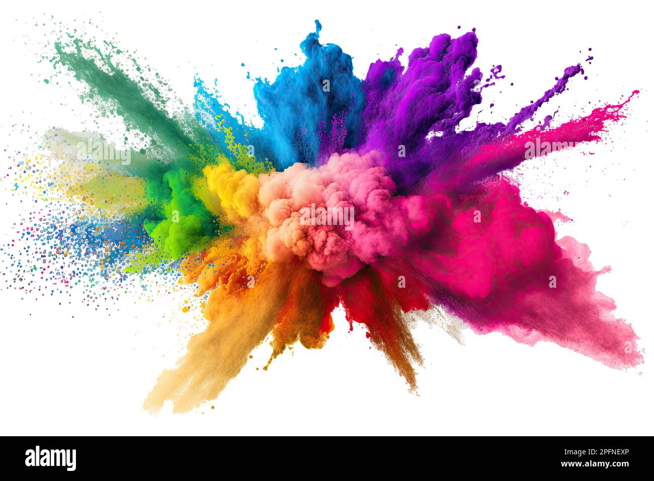 Holi color powder explosion with rainbow on isolated white background