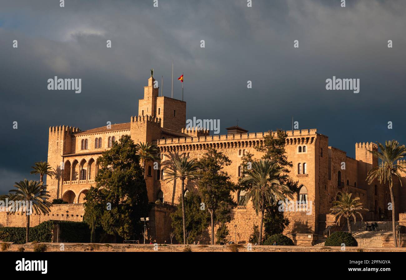 Dramatic late afternoon storm light on The Royal Palace of La Almudaina of Palma Majorca Stock Photo