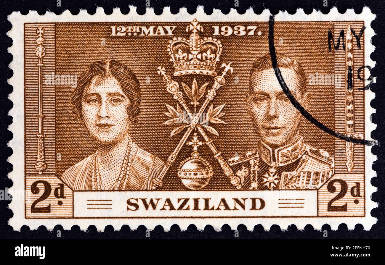 SWAZILAND - CIRCA 1937: A stamp printed in Swaziland from the 'Coronation' issue shows King George VI and Queen Elizabeth, circa 1937. Stock Photo