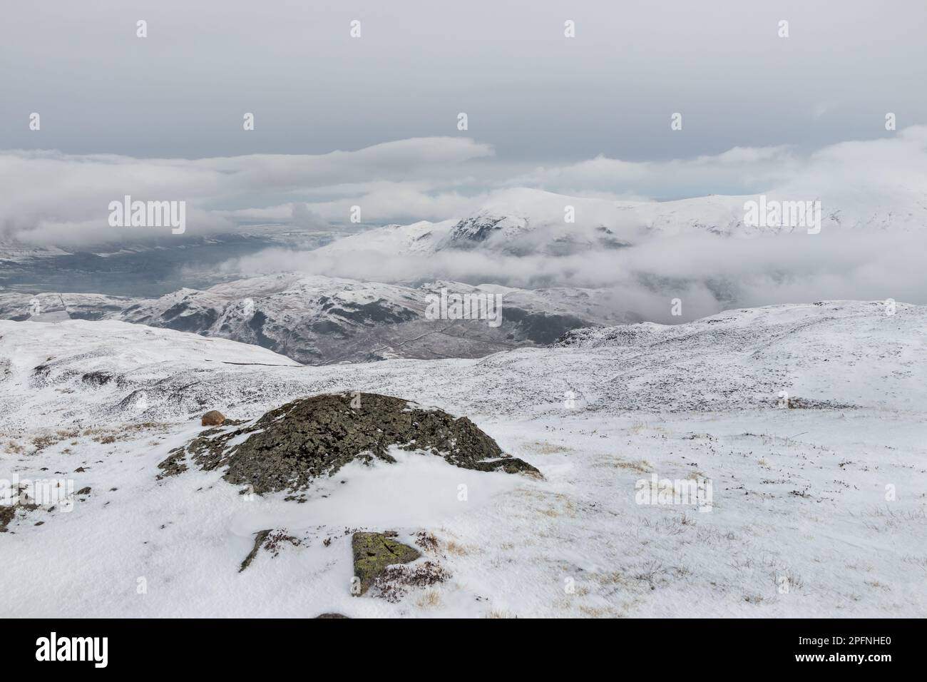 The View North East towards High Rigg and Clough Head viewed from Bleaberry Fell in Winter, Lake District, Cumbria, UK Stock Photo