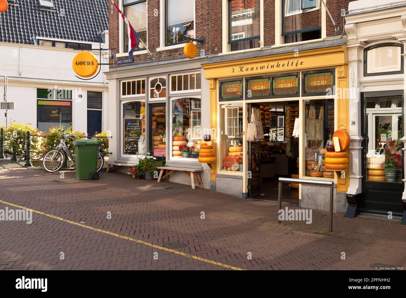 Cheese shop in a pleasant shopping street in the center of Gouda. Stock Photo