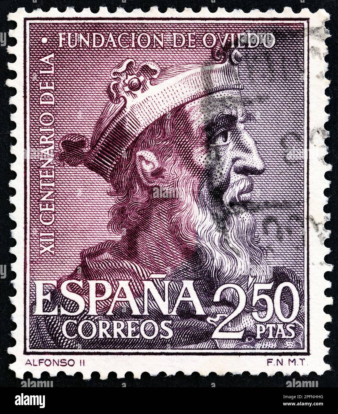SPAIN - CIRCA 1961: A stamp printed in Spain issued for the 1200th anniversary of Oviedo  shows Alfonso II, king of Asturias, circa 1961. Stock Photo