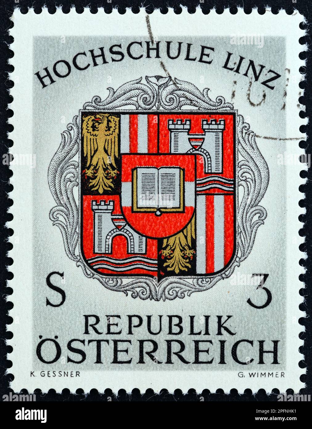 AUSTRIA - CIRCA 1966: A stamp printed in Austria issued for the Inauguration of Linz University shows Arms of Linz University, circa 1966. Stock Photo
