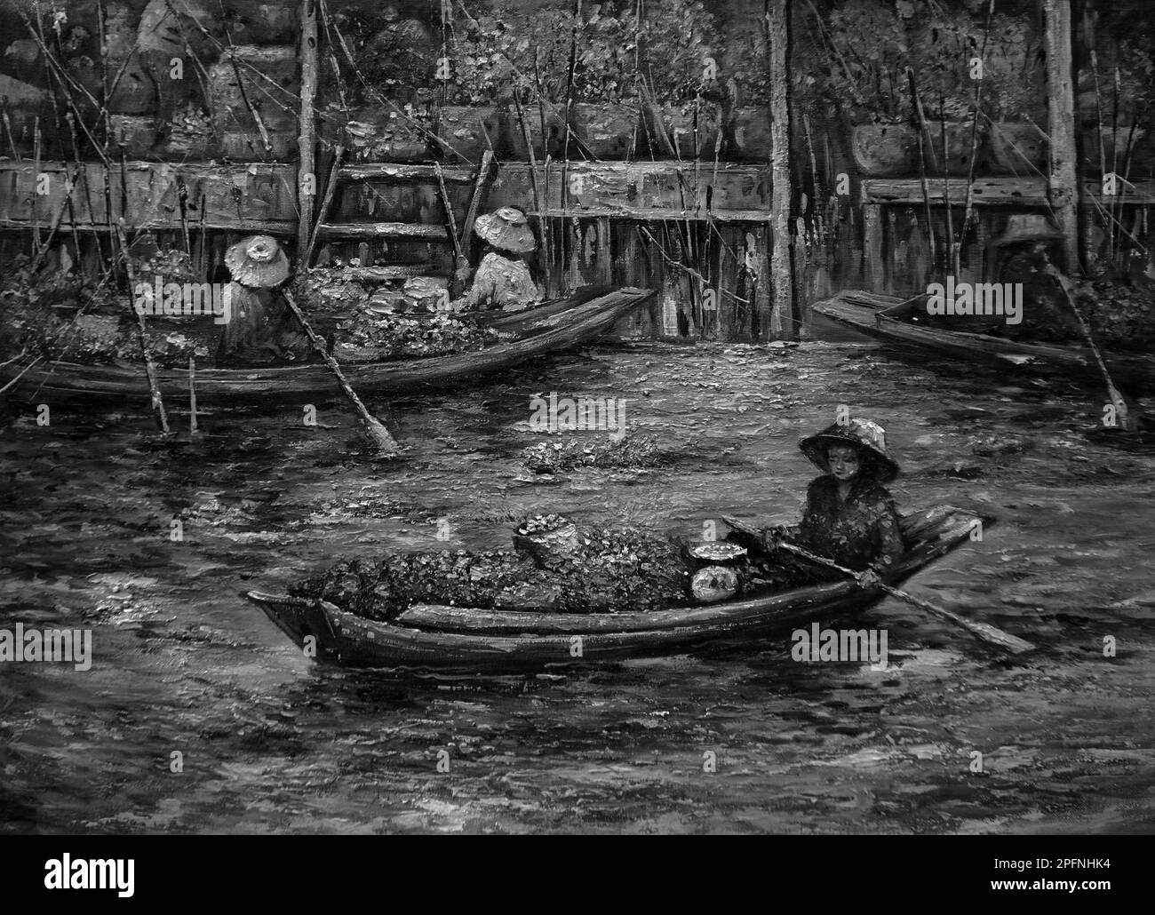 art painting Oil color Floating market Thailand , Countryside , black and white Stock Photo