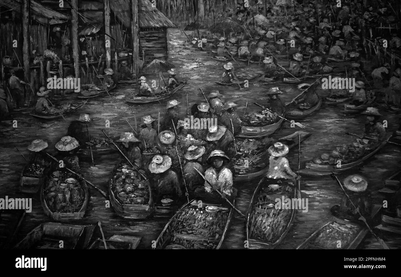 art painting Oil color Floating market Thailand , Countryside , black and white Stock Photo