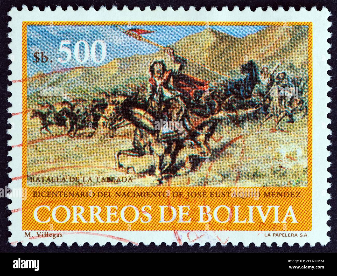 BOLIVIA - CIRCA 1984: A stamp printed in Bolivia issued for the birth bicentenary of Jose Eustaquio Mendez shows Battle of La Tablada by M. Villegas. Stock Photo