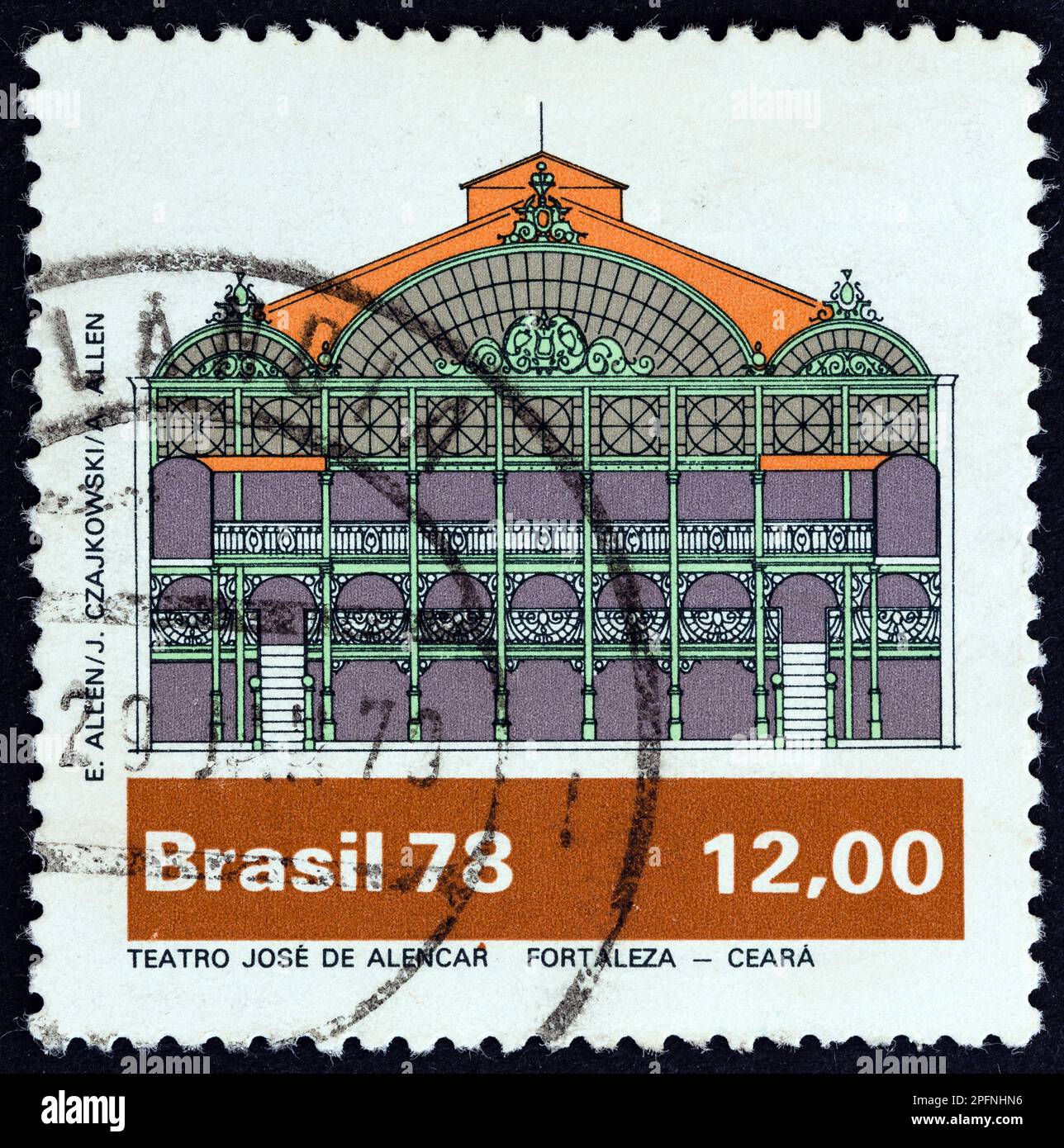 BRAZIL - CIRCA 1978: A stamp printed in Brazil from the 'Brazilian Theatres' issue shows Jose de Alencar Theatre, Fortaleza, Ceara, circa 1978. Stock Photo
