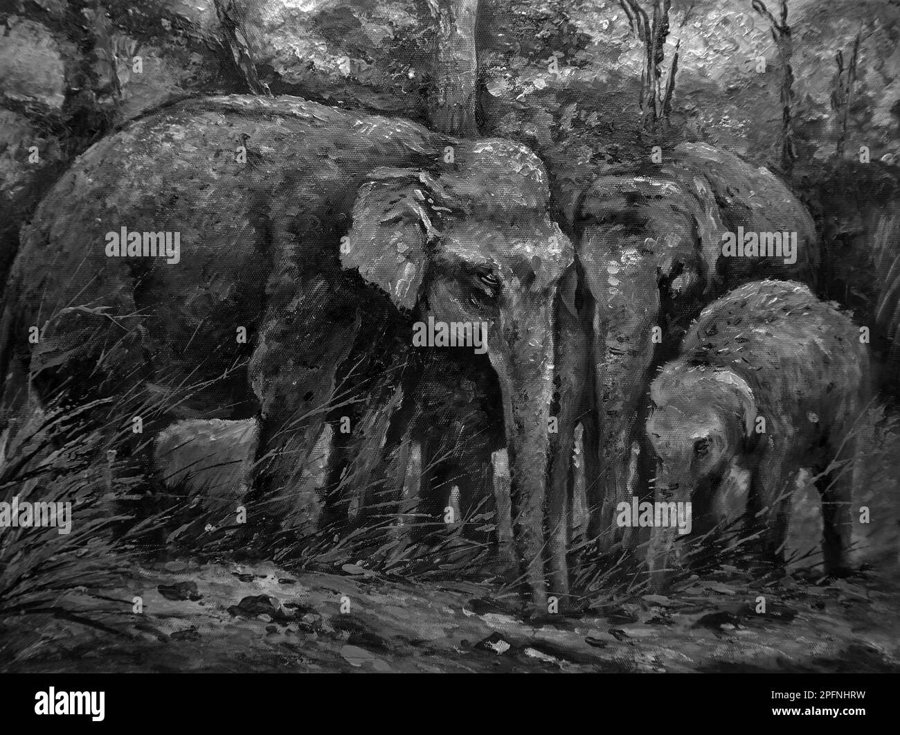 painting Oil color Elephant family Black and white Stock Photo
