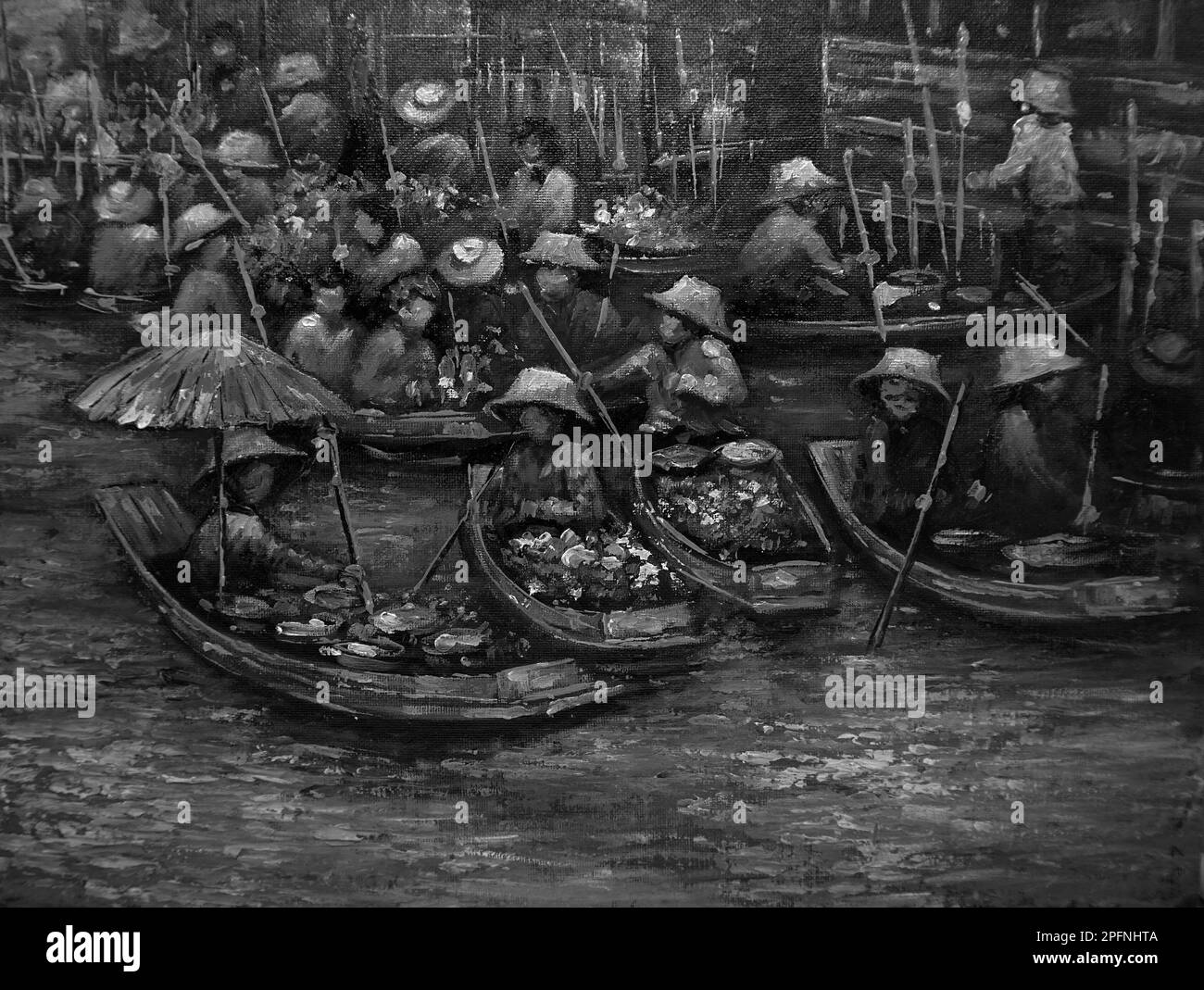art painting Oil color Floating market Thailand , Countryside , black