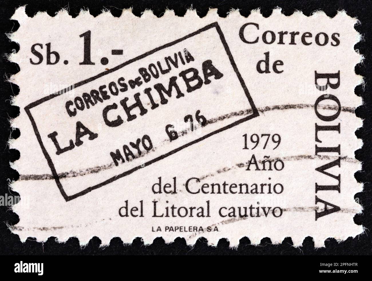 BOLIVIA - CIRCA 1979: A stamp printed in Bolivia from the 'Centenary of loss of Litoral department to Chile' issue shows La Chimba cancel, circa 1979 Stock Photo