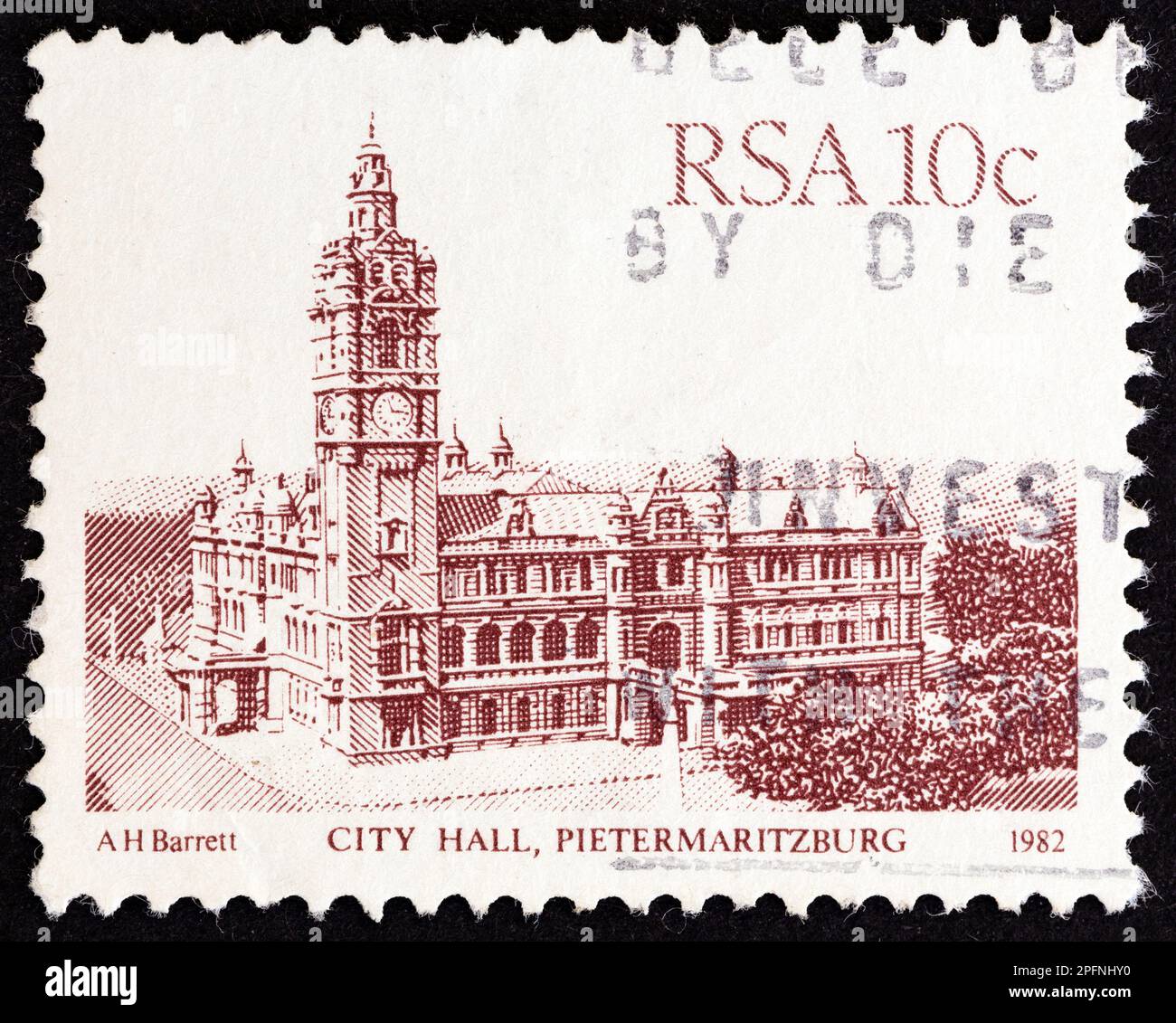 SOUTH AFRICA - CIRCA 1982: A stamp printed in South Africa from the 'South African Architecture' issue shows City Hall, Pietermaritzburg, circa 1982. Stock Photo