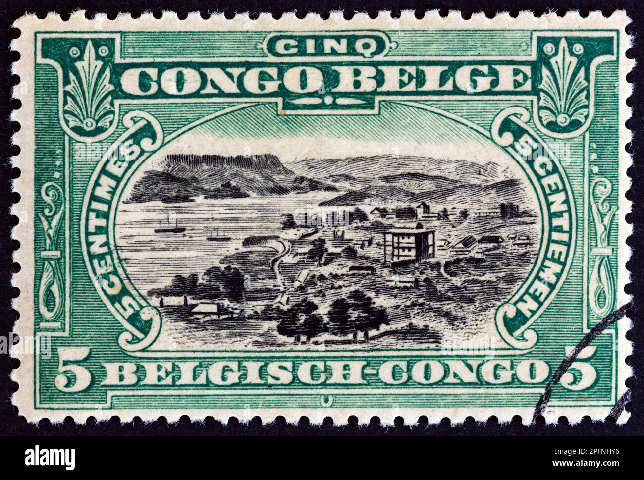 BELGIAN CONGO - CIRCA 1915: A stamp printed in Belgian Congo shows Port of Matadi, circa 1915. Stock Photo