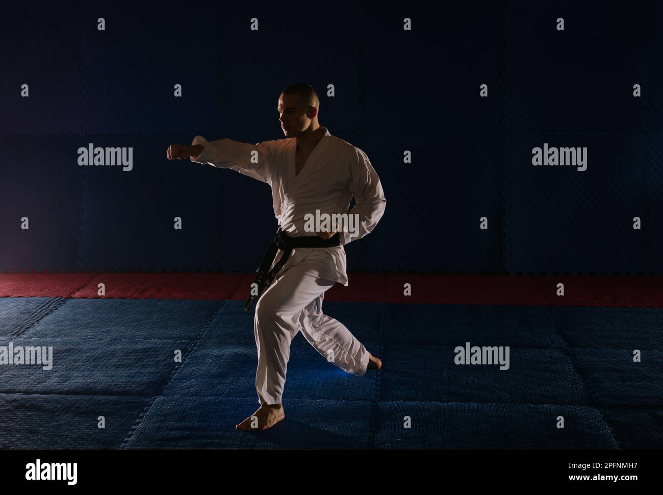 Handsome young karatist doing the Choku Zuki pose at the karate studio ...