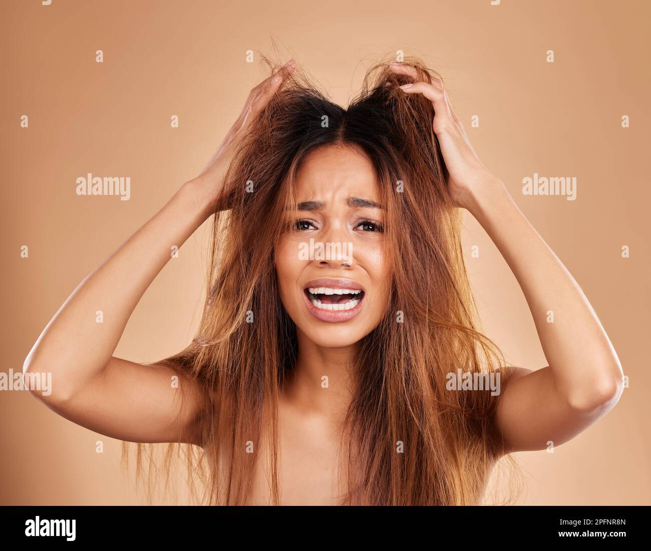 Shocked, face portrait and woman with hair loss in studio isolated on a brown background. Haircare salon, damage and sad, depressed or frustrated Stock Photo