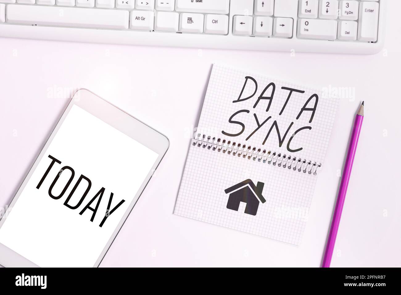 Handwriting text Data Sync. Internet Concept data that is continuously generated by different sources Stock Photo