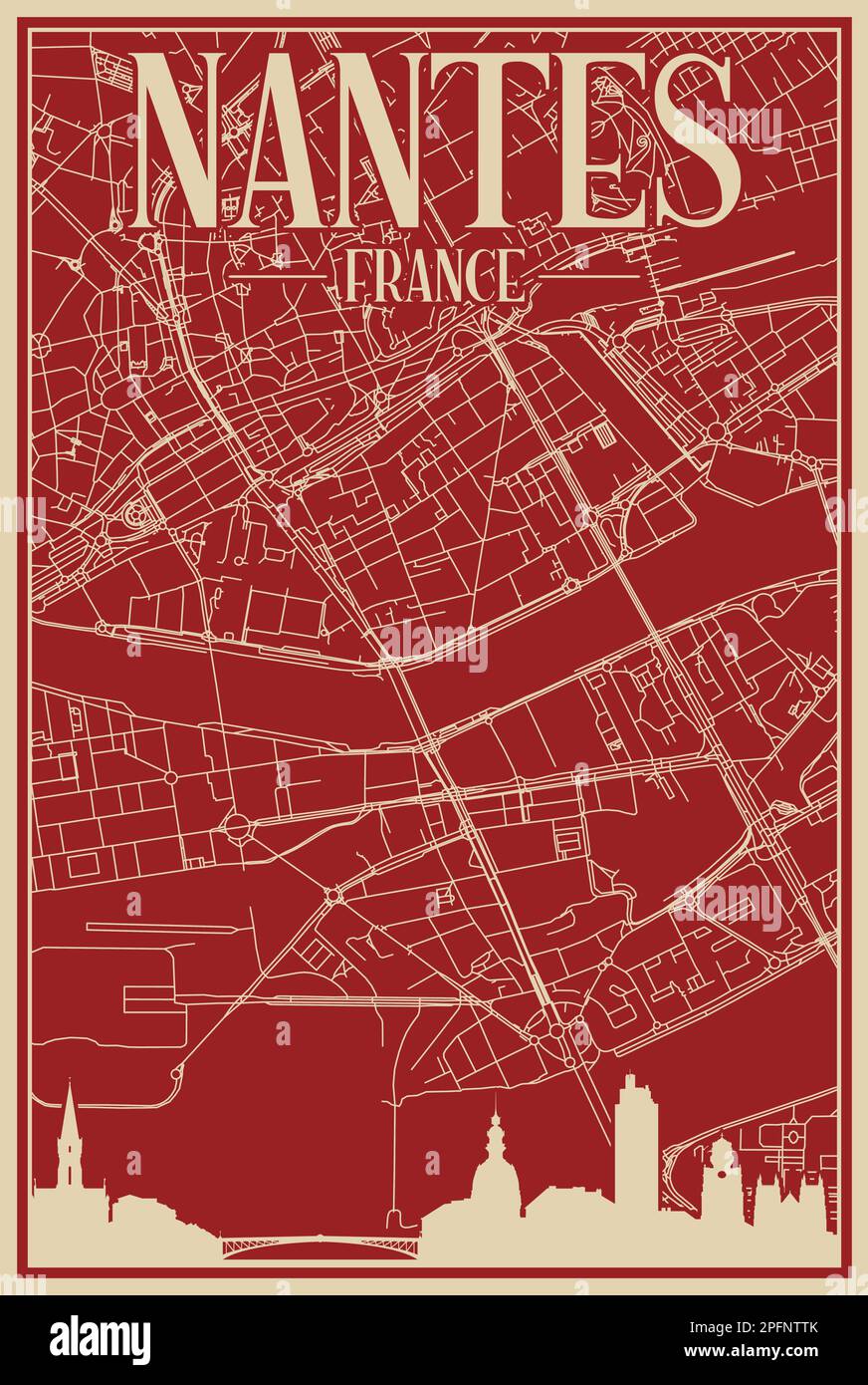 Road network poster of the downtown NANTES, FRANCE Stock Vector Image