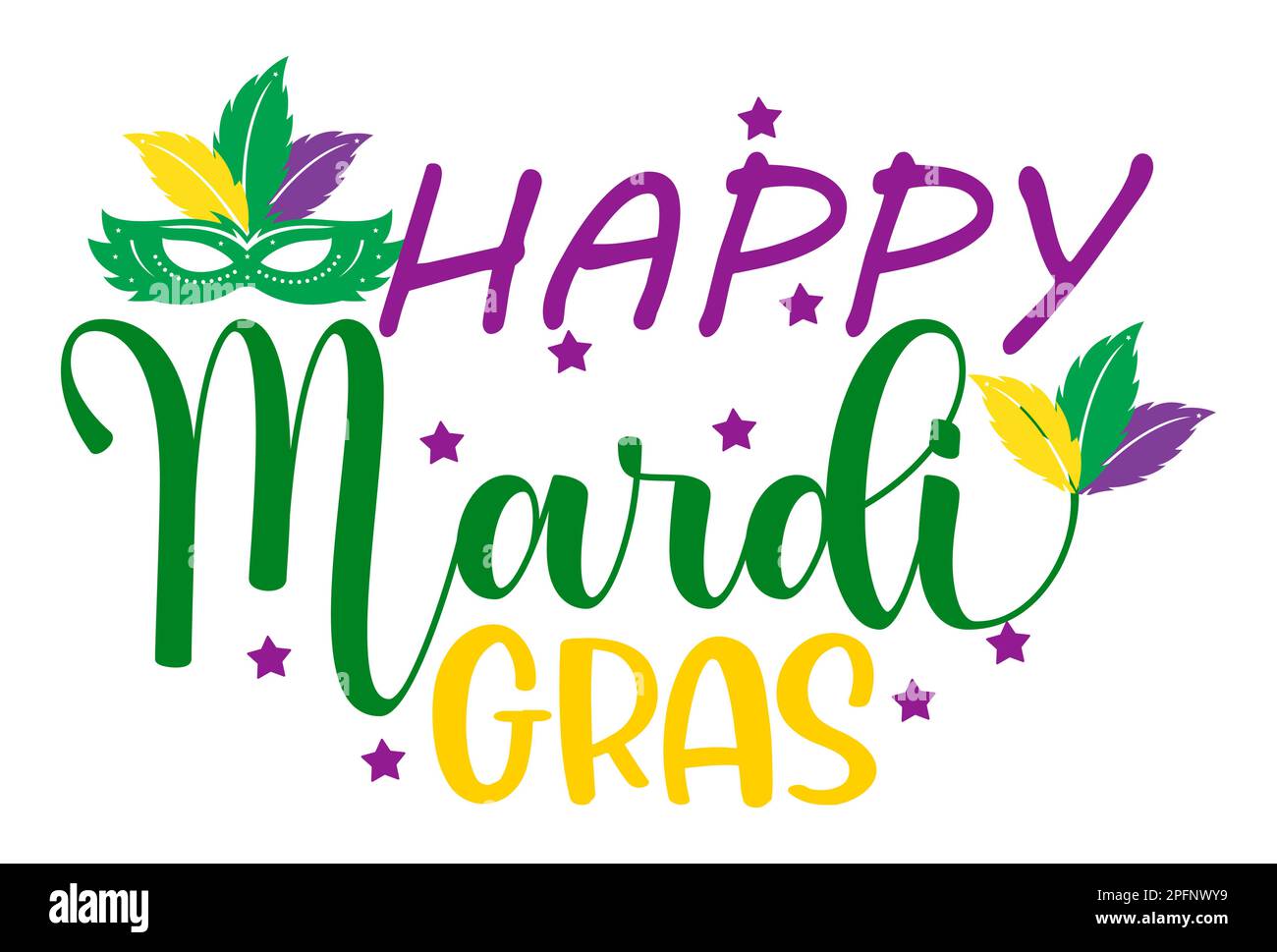 Happy Mardi Gras Colorful Lettering With Mask. Traditional Carnival In New Orleans, Louisiana. Vector illustration On White Background For poster, card Stock Vector