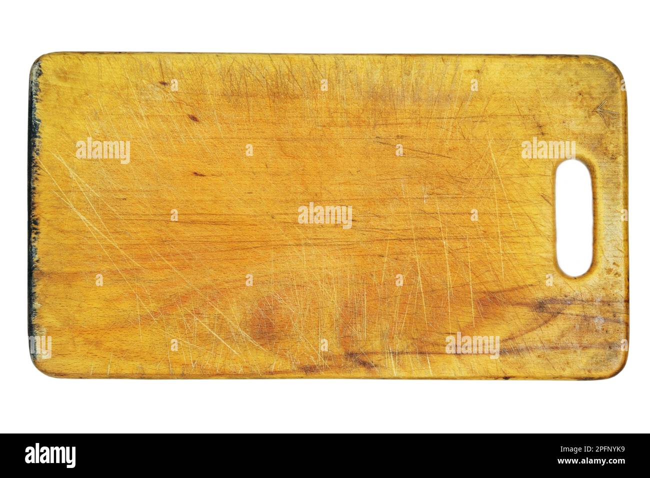 Brown woodcutting board and drill hole for hanging isolated on white