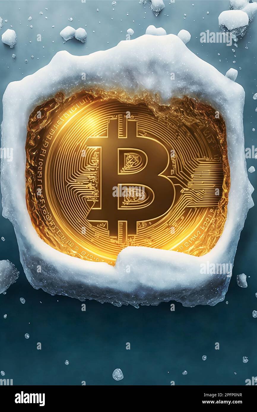 Bitcoin is freezing. Frozen Bitcoin, shiny gold bitcoin covered in ice during the cold crypto winter Stock Photo