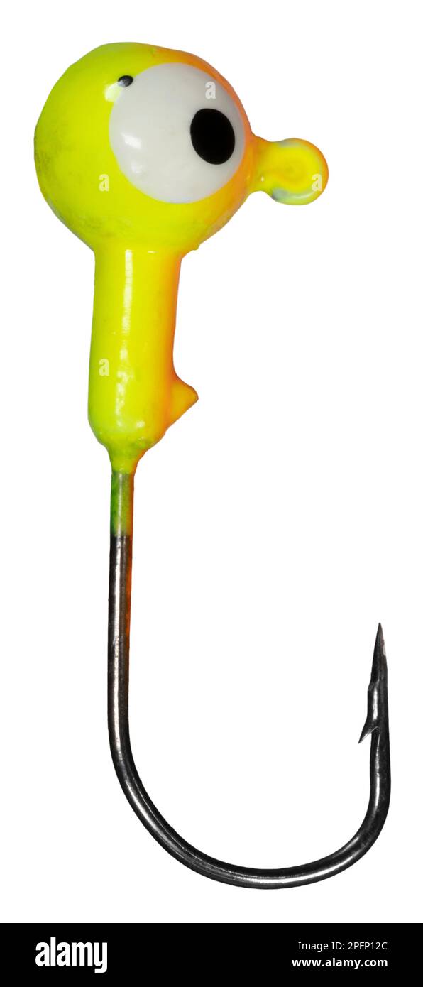Bright yellow jig head with an eye and hook for crappie and pandfish Stock Photo