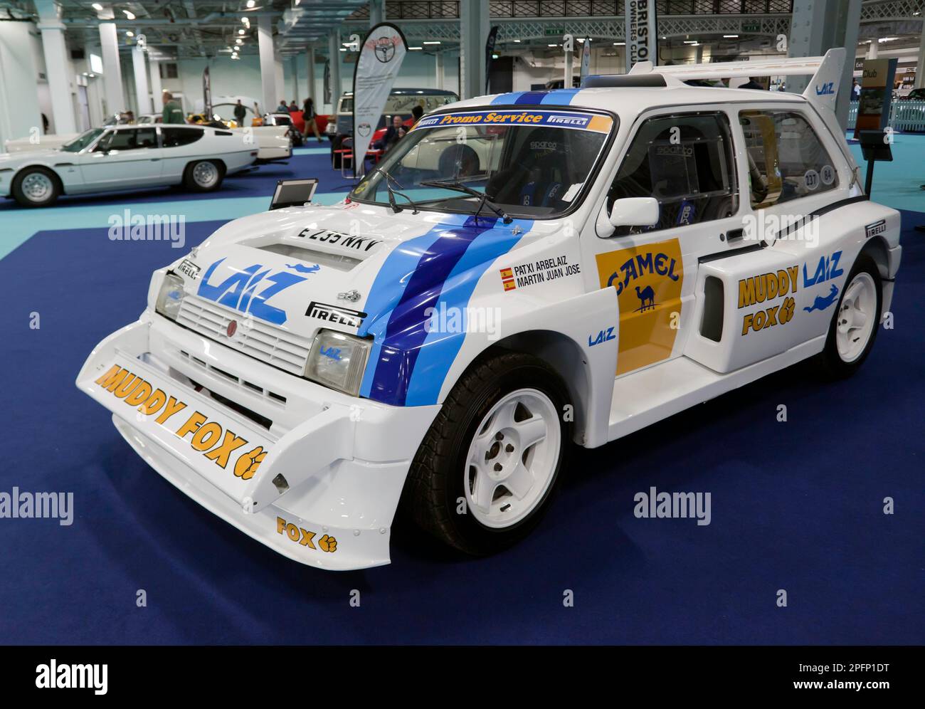 Three-quarter view of an Austin MG Metro 6R4 rally car once driven by Patxi Arbelaiz, on display at the 2023 London Classic Car Show Stock Photo